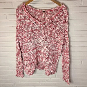 Free People Red White Cotton Linen Blend Open Knit Sweater, Women’s Size Small
